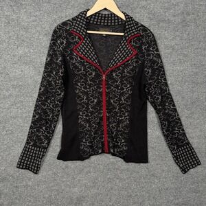 Vtg Icelandic Design Small Shacket Shirt Black Full Zip Patterned Long Sleeves